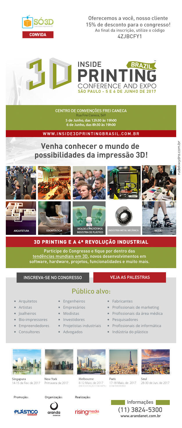 Ingressos a venda para a feira Inside 3D Printing Brasil<